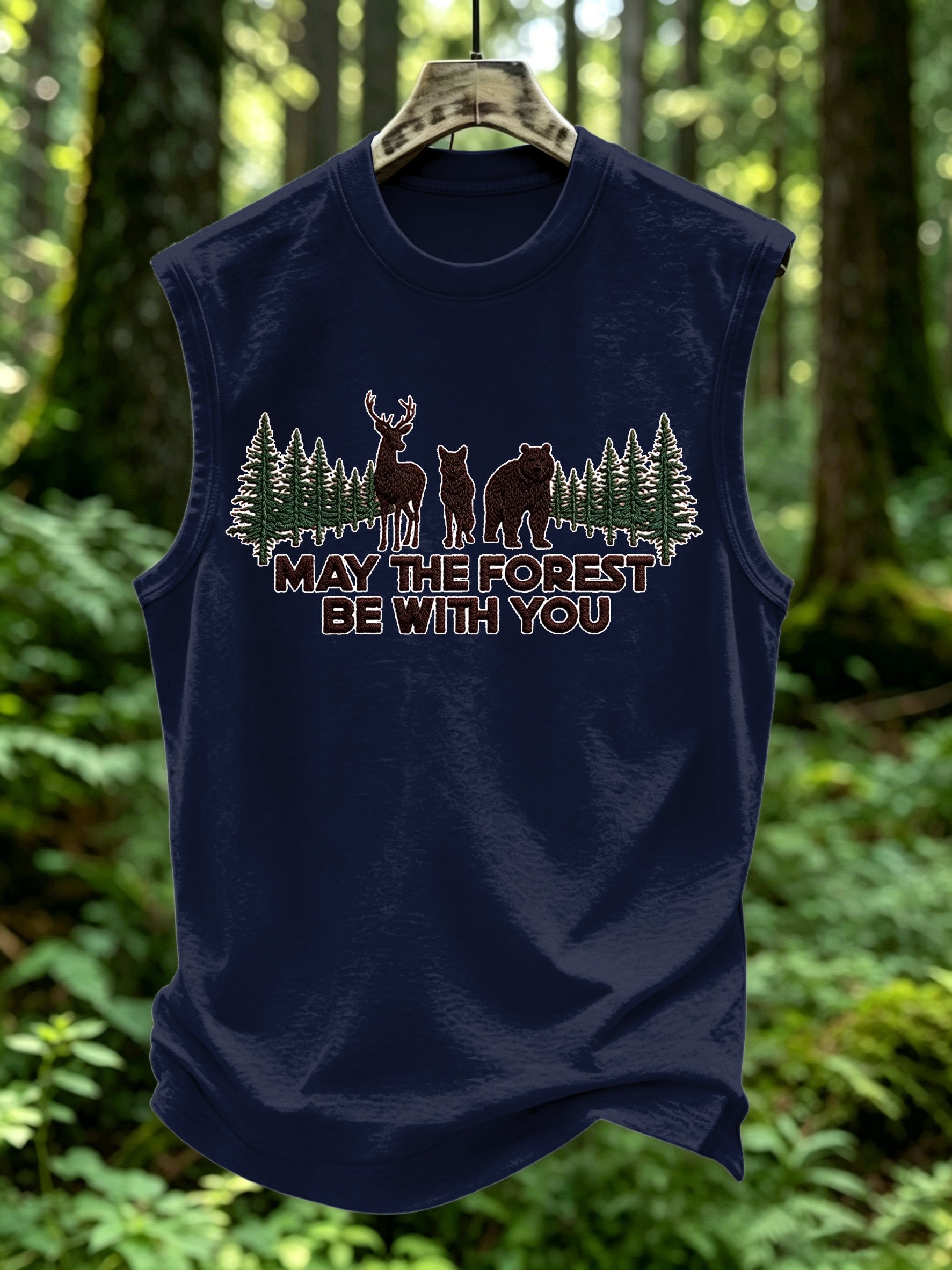 Men's Retro May The Forest Be With You Print Round Neck Vest