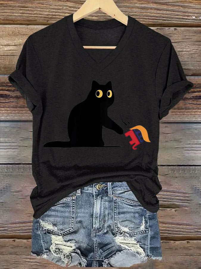 Women's FDT Black Cat Print V-Neck T-Shirt
