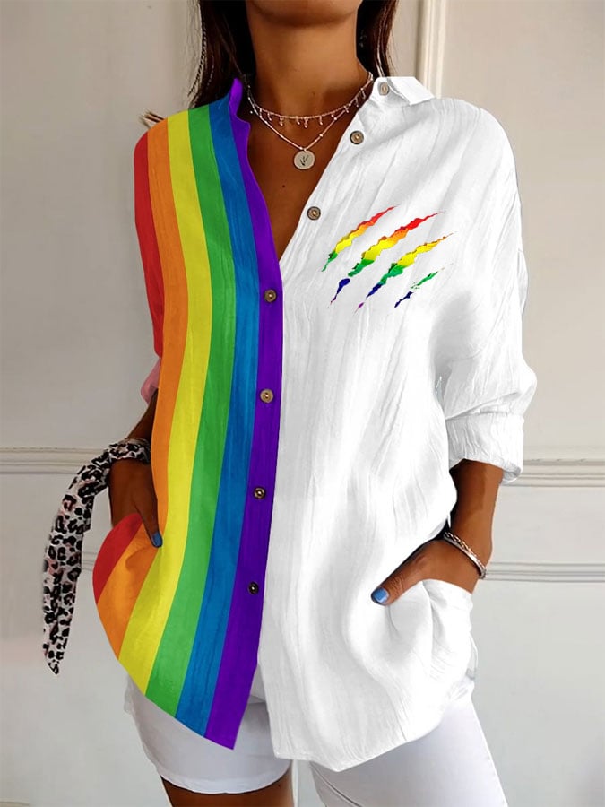 Women's Gay Month Rainbow Print Casual Lapel Shirt