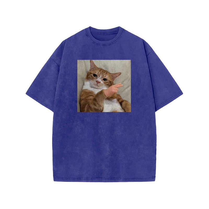 Unisex  "Scissor Hand Gesture" Fun Cat Pattern Print Acid Washed T-shirt