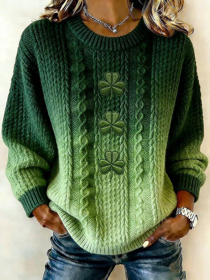 Women's St. Patrick's Day Print Knit Crew Neck Long Sleeve Top