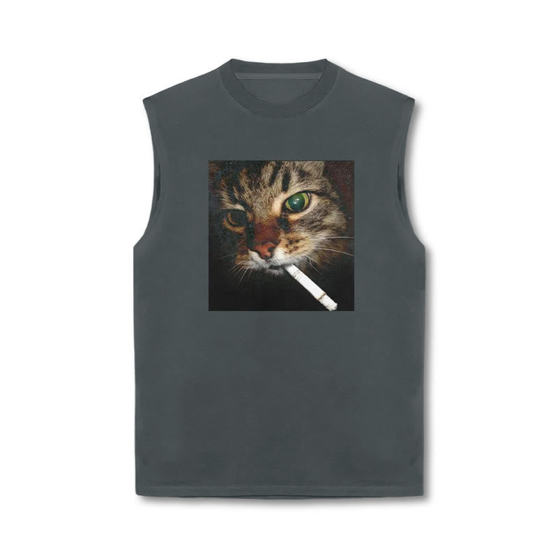 Unisex Cat With Cigarette In Mouth Print Tank Top