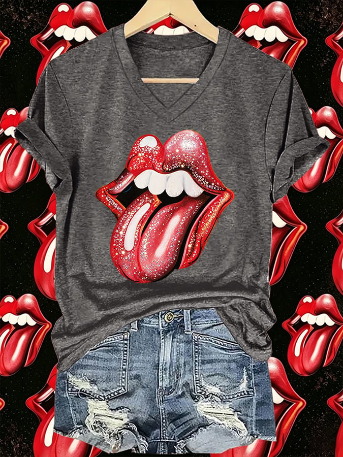 Women's V-Neck Retro Foreign Tongues Print T-shirt