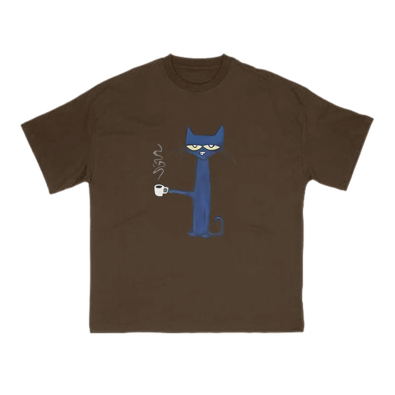 Unisex Cat Drinking Coffee Print T-shirt