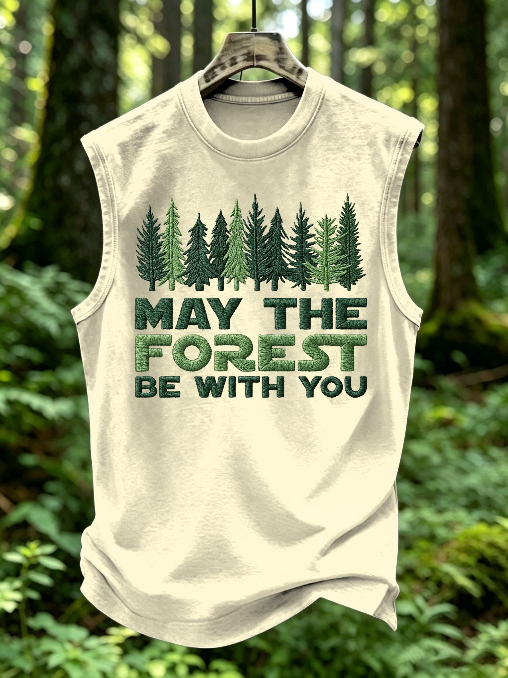 Men's Retro May The Forest Be With You Print Round Neck Vest