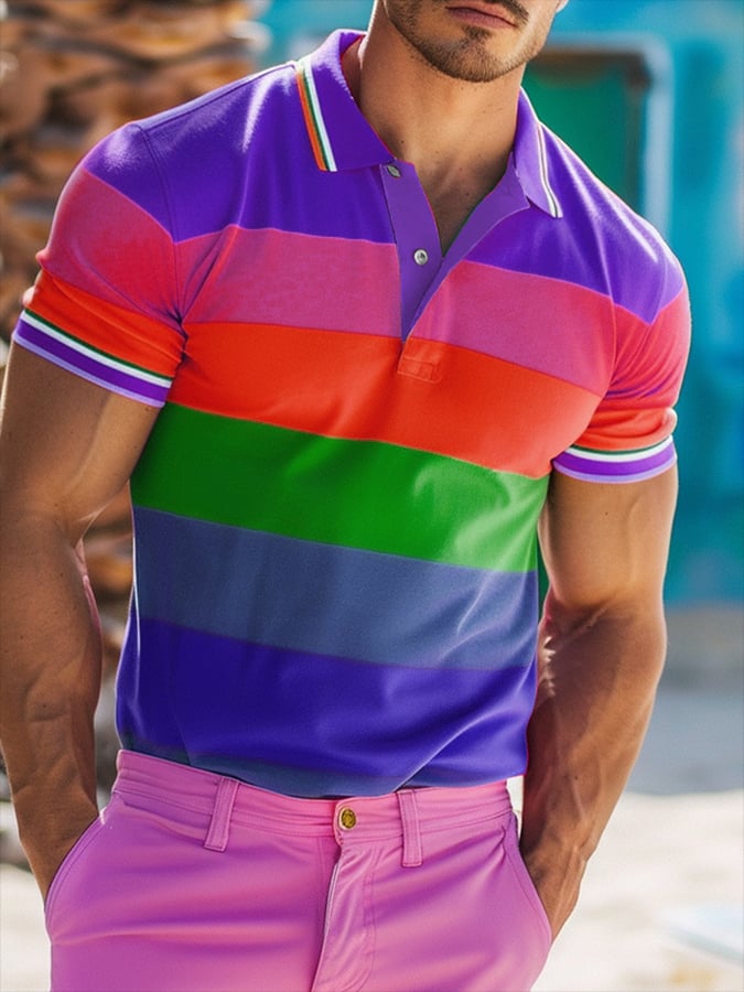 Men's Rainbow Multicolor Stripe Print Polo Shirt
