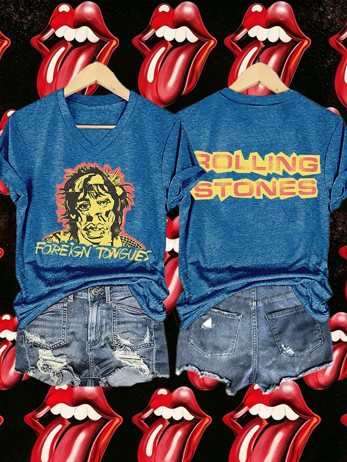 Women's V-Neck Retro Foreign Tongues Print T-shirt