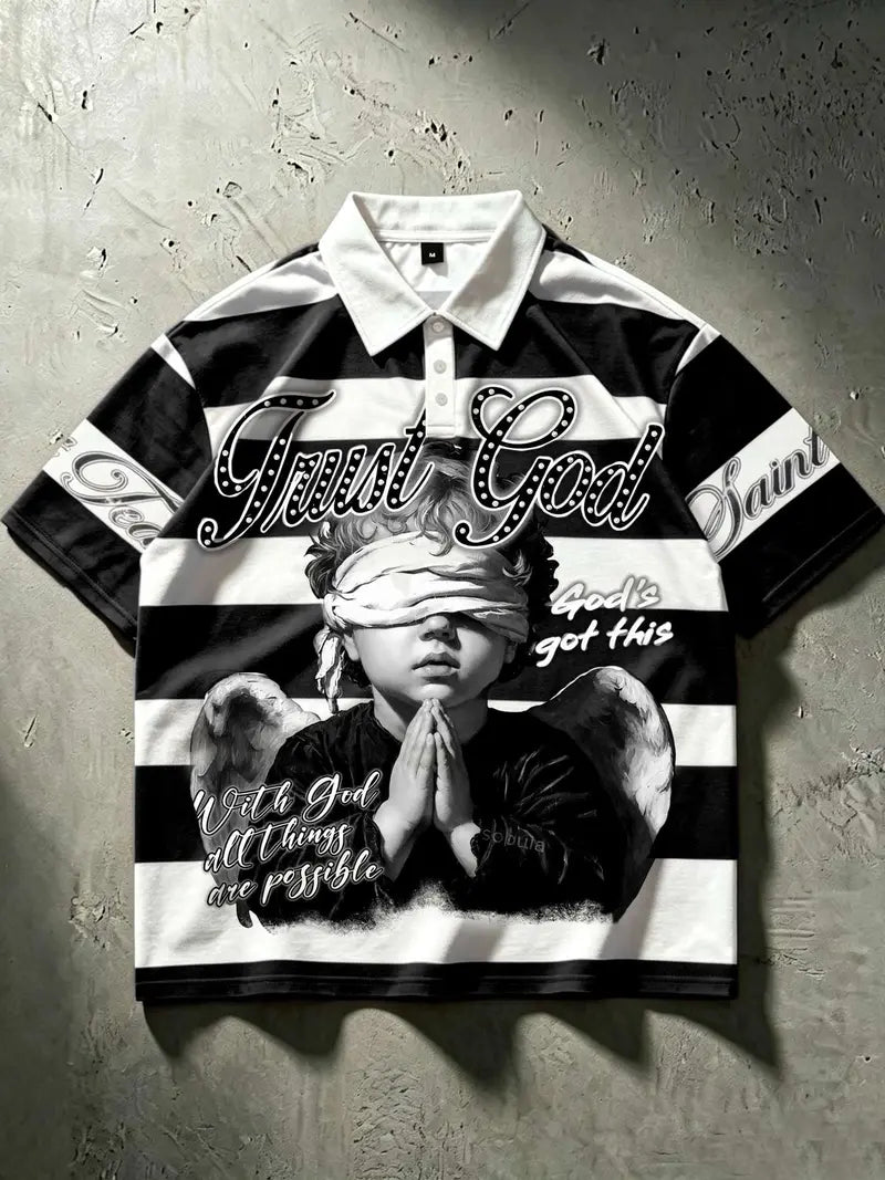 Unisex American Retro Religious Theme Striped Polo Shirt