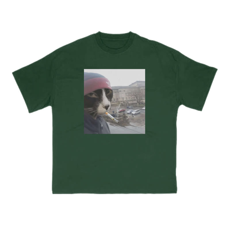 Unisex Smoking Street Style Cat Print T-shirt