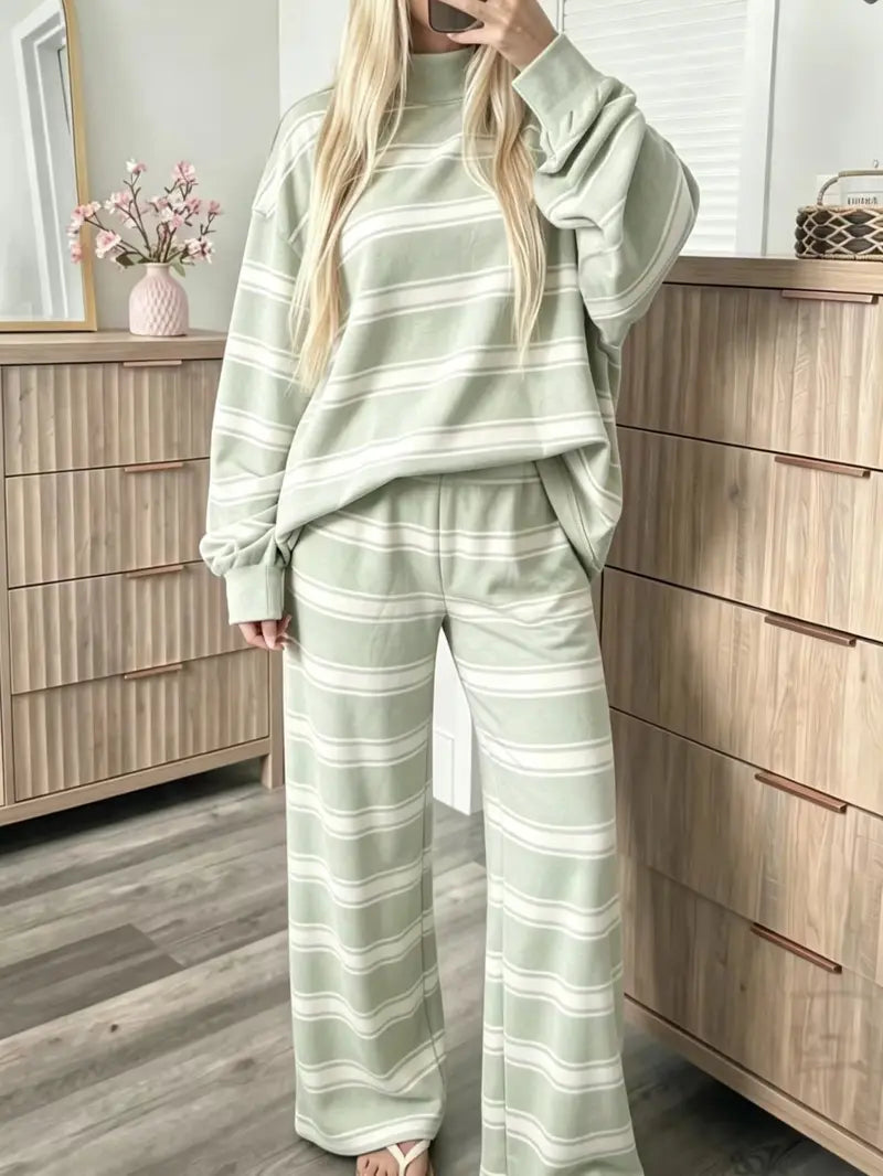 ⏳ Last day to save 50%✨🔥 Striped Oversized Sweatshirt & Wide Leg Pants Lounge Set ✨