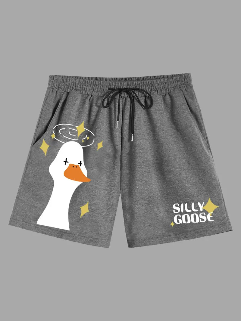Unisex Cartoon Goose & Letter Print Drawstring Shorts