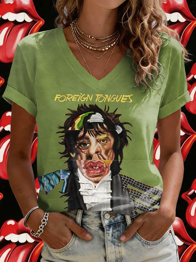 Women's V-Neck Retro Foreign Tongues Print T-shirt