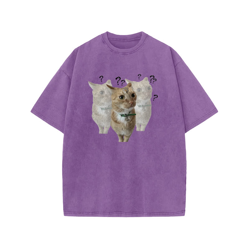 Unisex  "Brain Is Loading" Fun Cat Pattern Print Acid Washed T-shirt