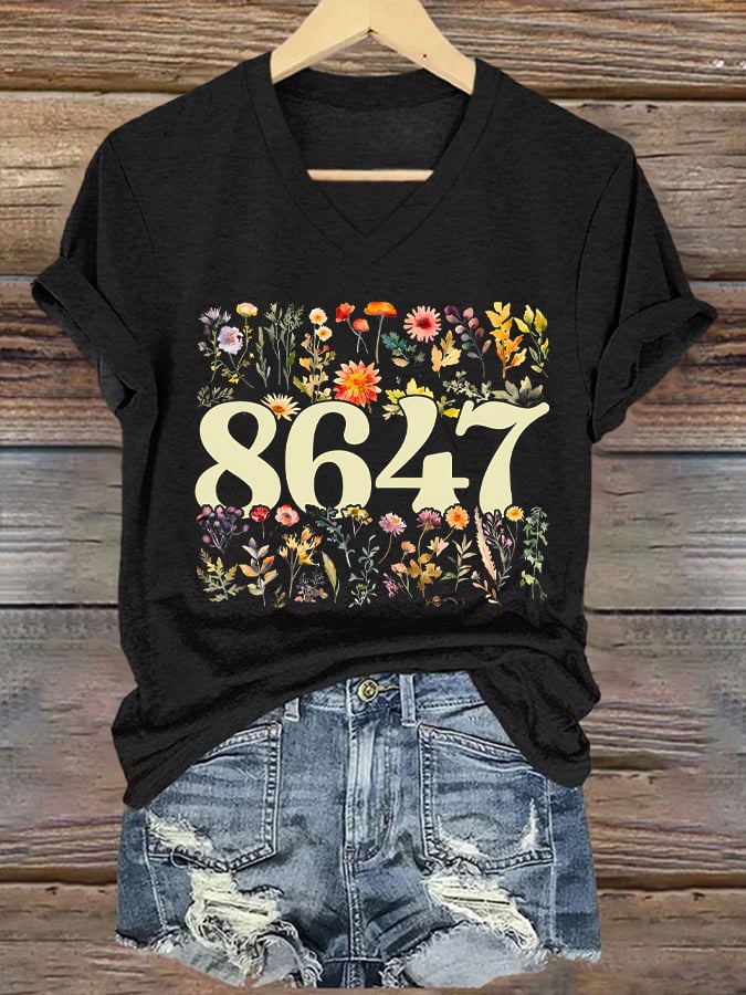 V-neck 86/47 Flowers Print  T-Shirt