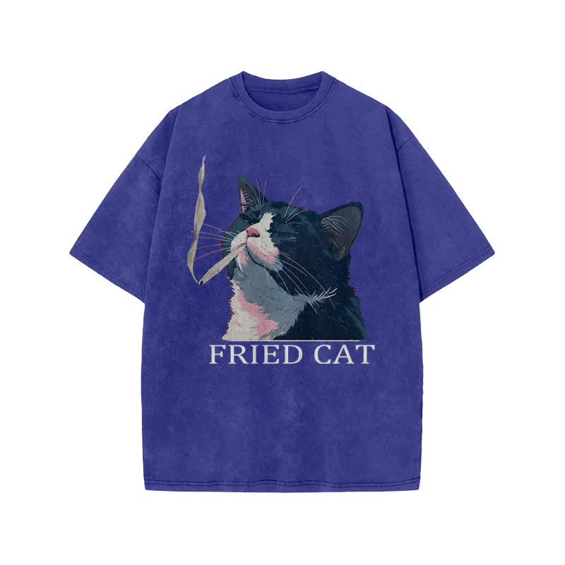 Unisex Fried Cat Print Acid Washed T-shirt