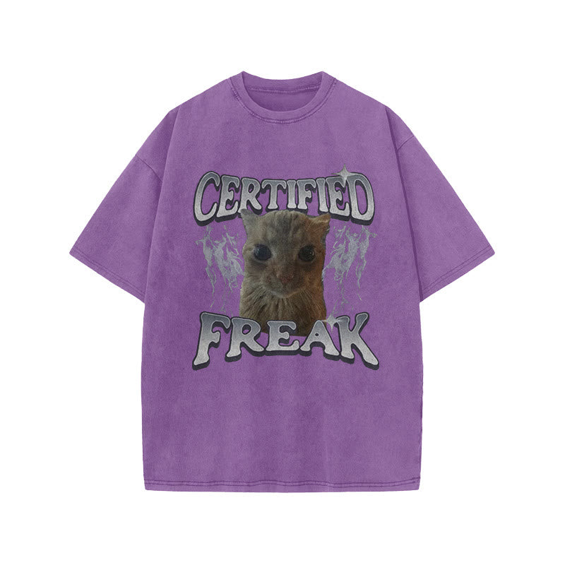 Unisex Certified Freak Funny Cat Print Acid Washed T-shirt