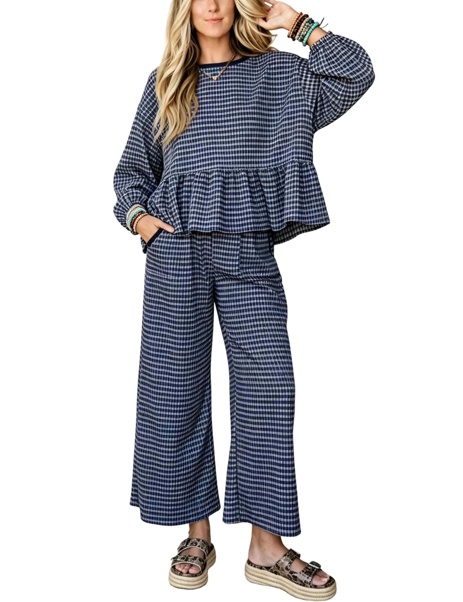 Women's Gingham Two Piece Set Peplum Top & Wide Leg Pants