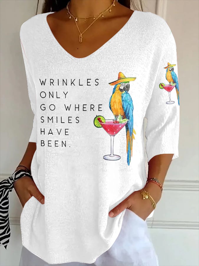 V- Neck Retro Wrinkles Only Go Where Smiles Have Been Print Shirt