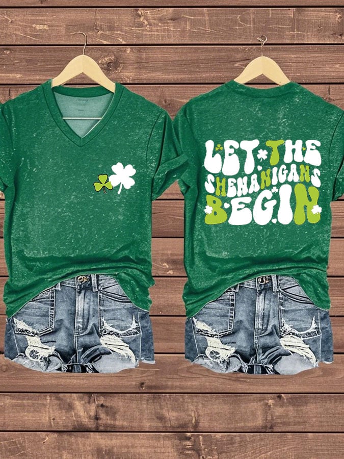 Women's Funny St. Patrick's Day Let The Shenaigans Begin Shamrocks Print Casual V-Neck Tee