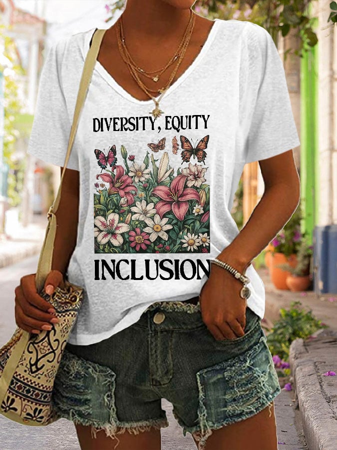 Women's Diversity Equity Inclusion Print V Neck T-Shirt