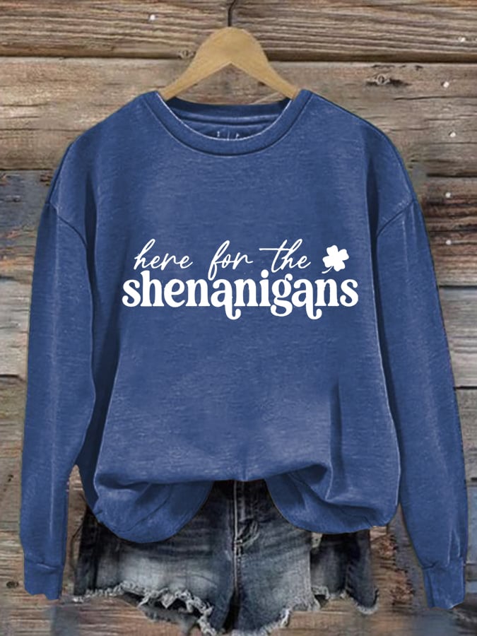 Women's Retro Irish St. Patrick's Day Here For The Shenanigans Print Crew Neck Long Sleeve Sweatshirt