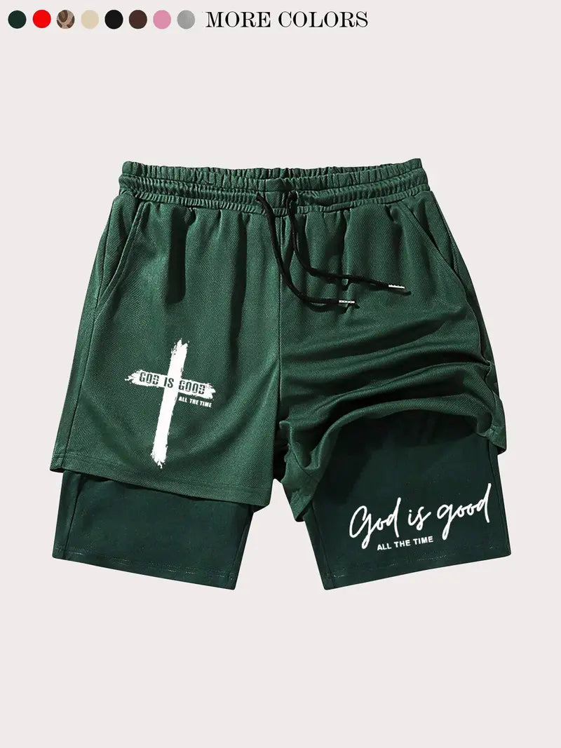 God Is Good Print Drawstring Waist Shorts