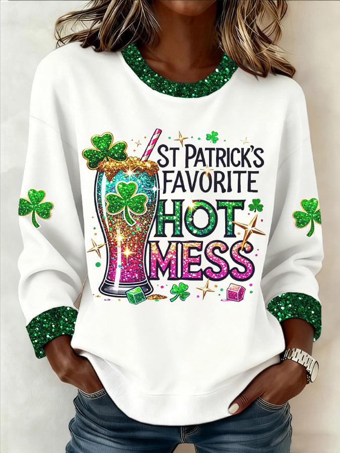 Women's St. Patrick's Favorite Hot Mess Print Casual Sweatshirt