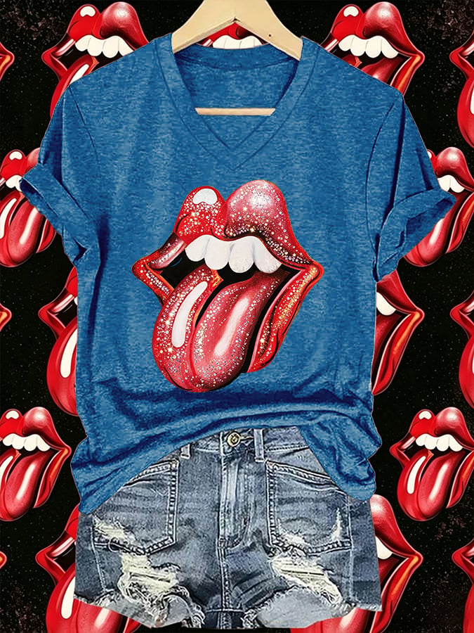 Women's V-Neck Retro Foreign Tongues Print T-shirt