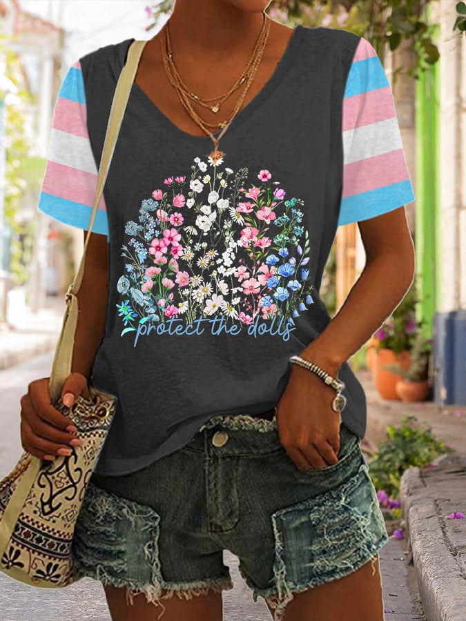 Women's Protect The Dolls Print V Neck T-Shirt