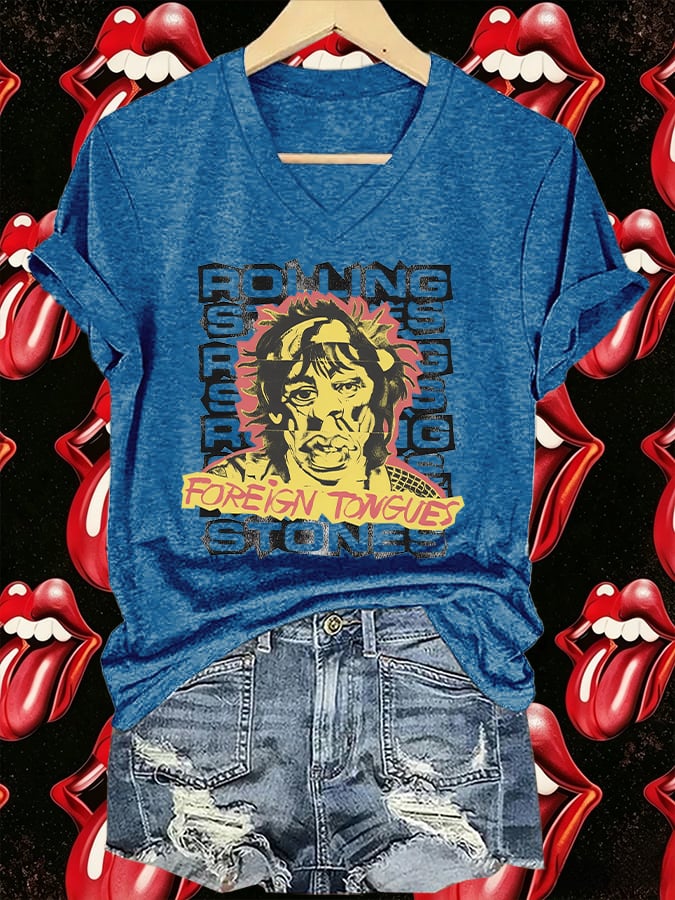 Women's V-Neck Retro Foreign Tongues Print T-shirt