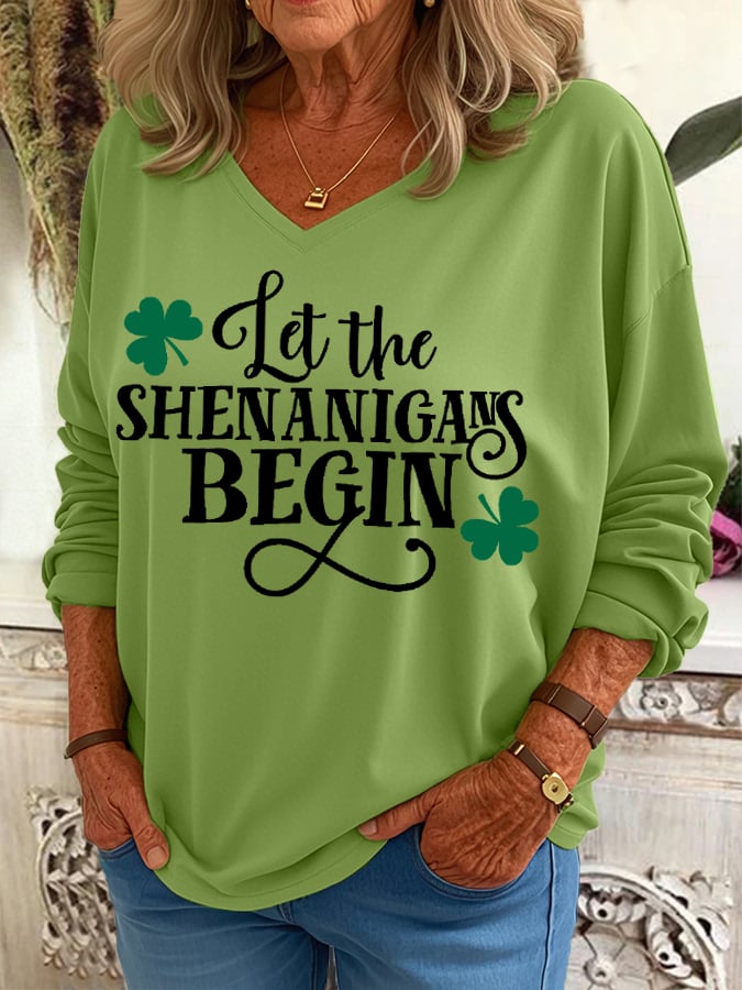 Women's Funny St. Patrick's Day Let The Shenanigans Begin Shamrock Print Casual V-Neck Top
