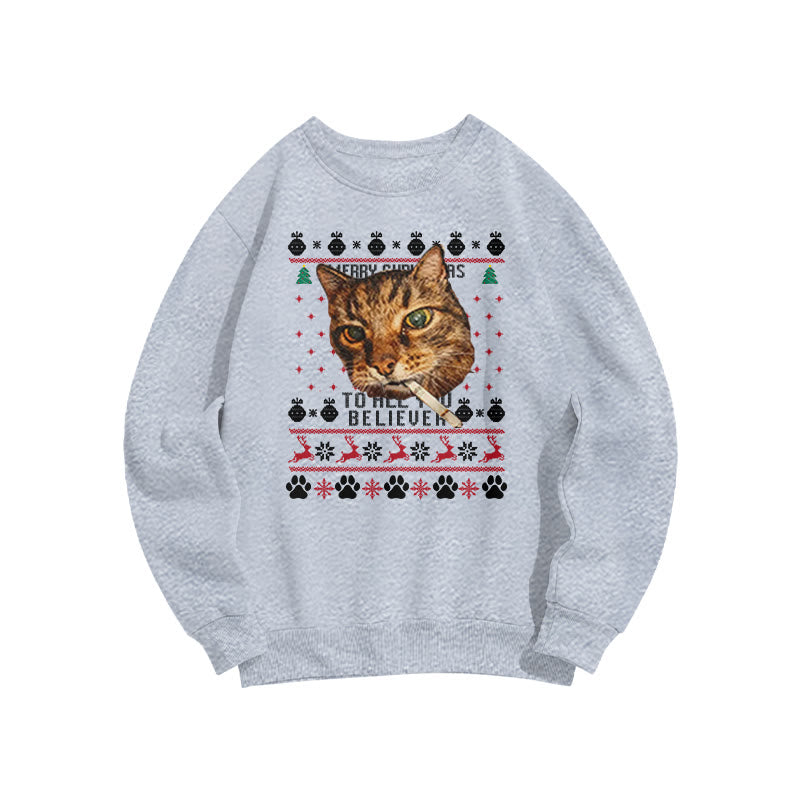 A Domineering Smoking Cat Christmas Print Sweatshirt