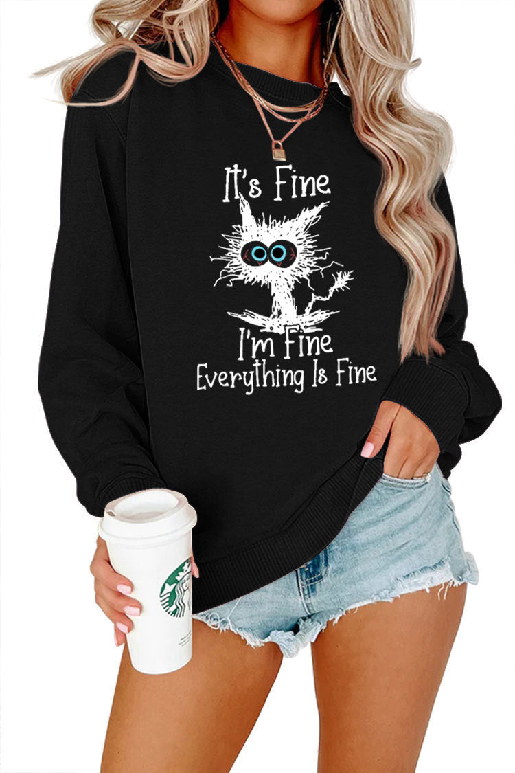 Casual round neck cute cat print sweatshirt, unique sportswear