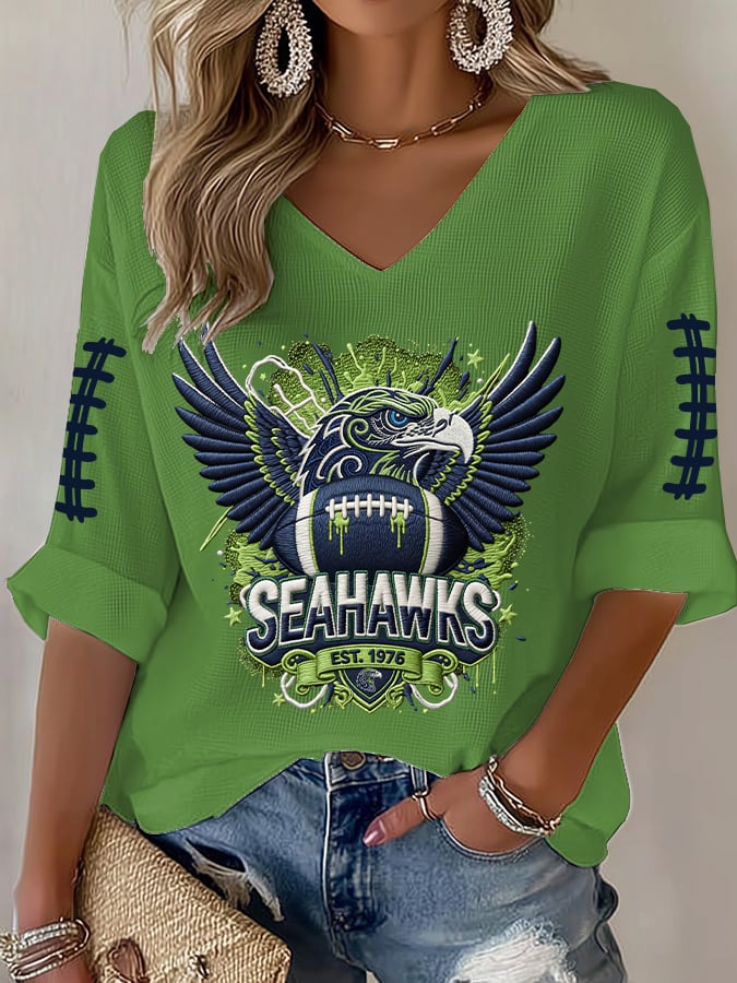 Women's V-Neck Retro Football Print T-Shirt