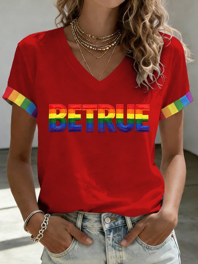 V-Neck Retro Pride Parade Be True Just Love It Print T-Shirt