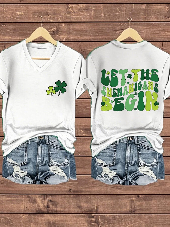 Women's Funny St. Patrick's Day Let The Shenaigans Begin Shamrocks Print Casual V-Neck Tee
