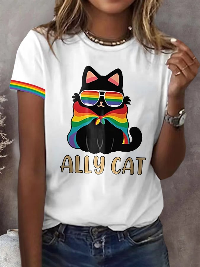 Women's Pride Month Rainbow Ally Cat print Short Sleeve T-Shirt
