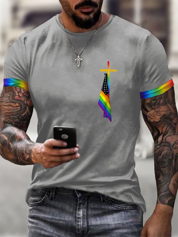 Men's Cross Flag Print Crew Neck T-Shirt
