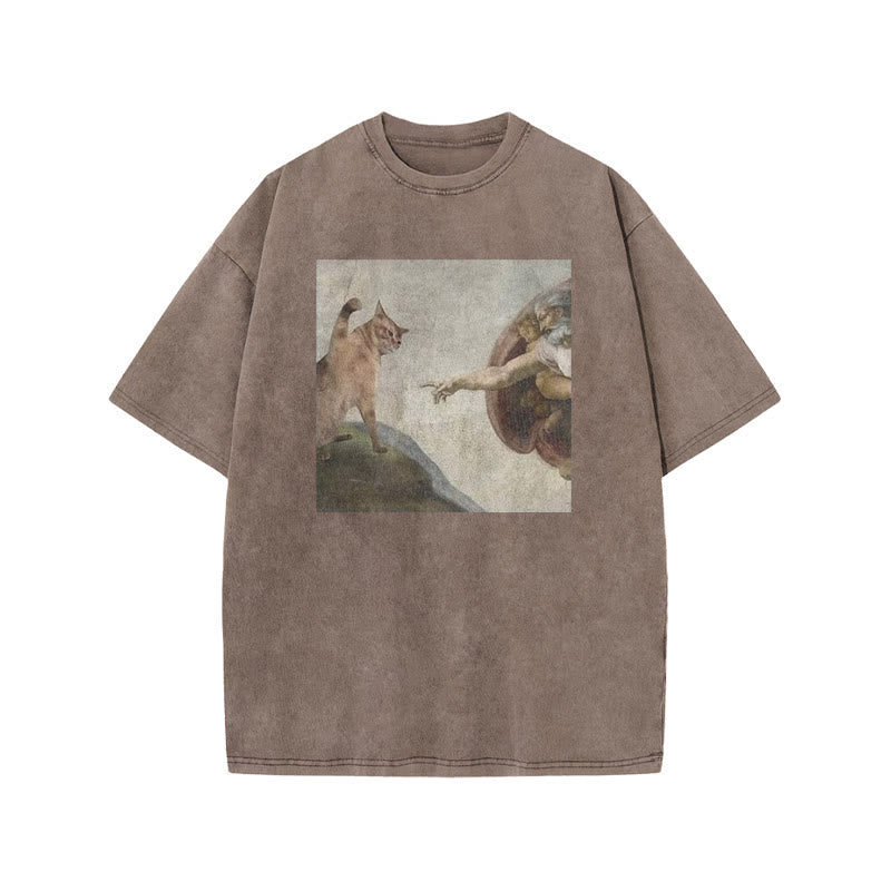 Unisex Oil Painting Cat Print Acid Washed T-shirt