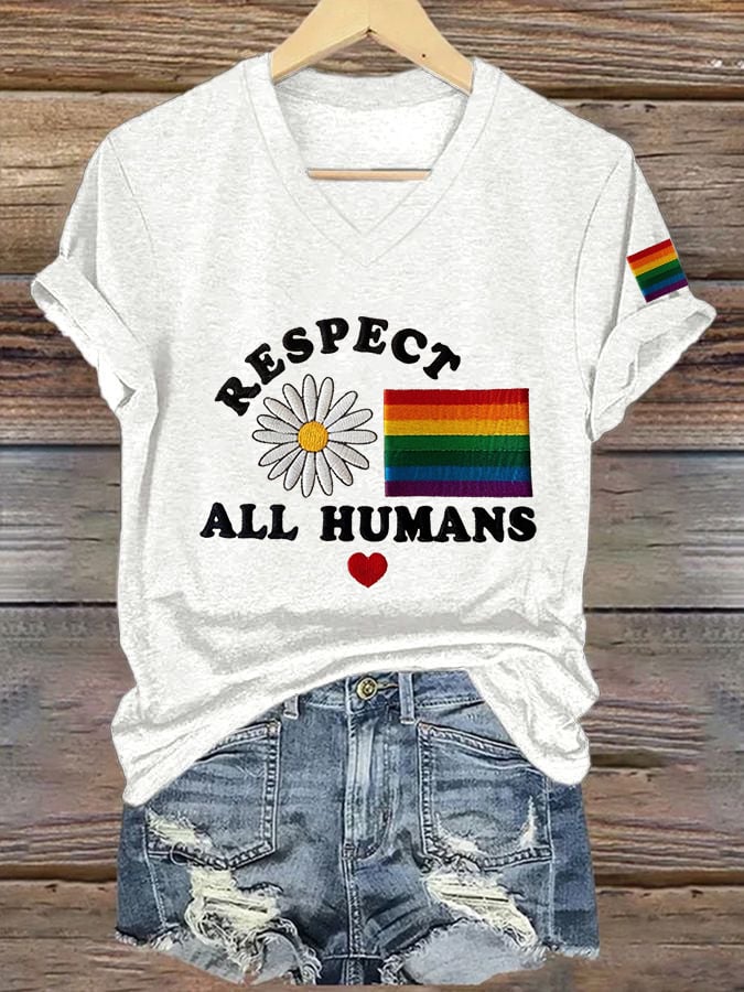 Women's LGBT Respect All Humans  Print V-Neck T-Shirt