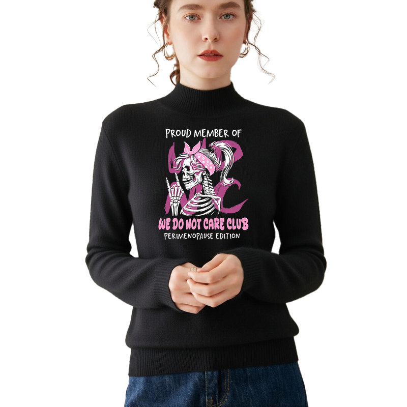 Retro and fun WDNC Club menopause/perimenopause themed printed mock neck sweater
