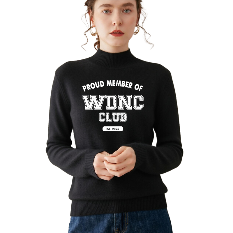 Retro and fun WDNC Club menopause/perimenopause themed printed mock neck sweater.