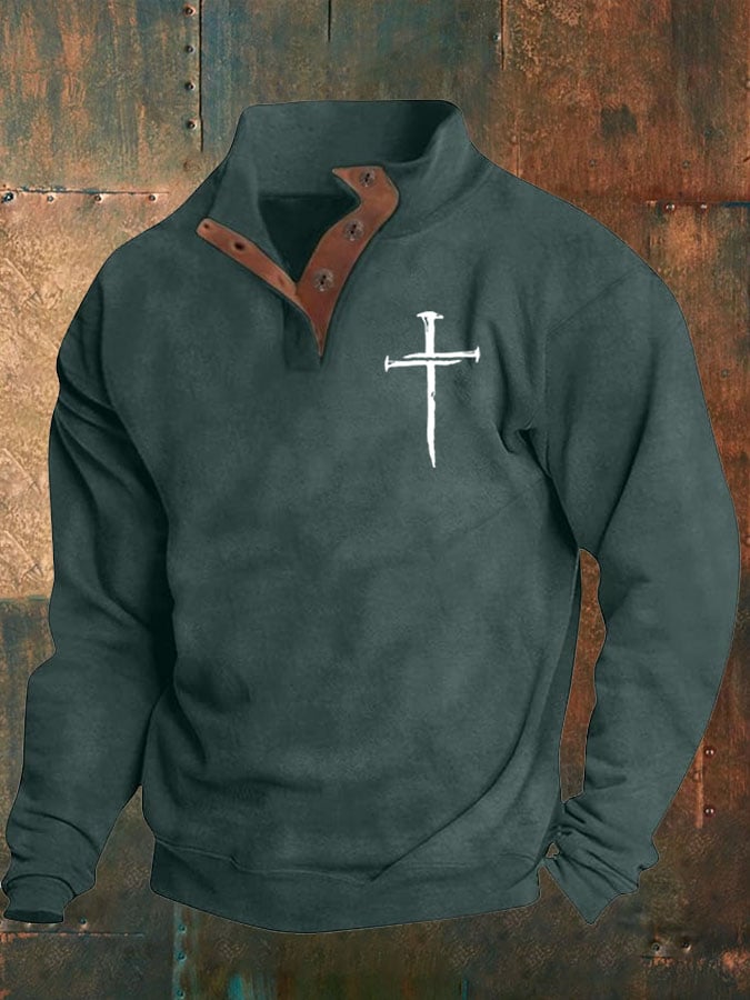 Men's Faith Cross Printed Stand Collar Button Sweatshirt