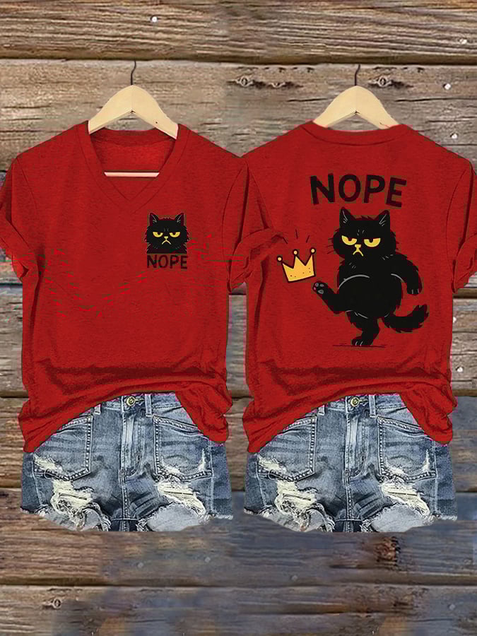 Women's Retro No Kings In America Cat Crown Nope Print Short Sleeve T-Shirt