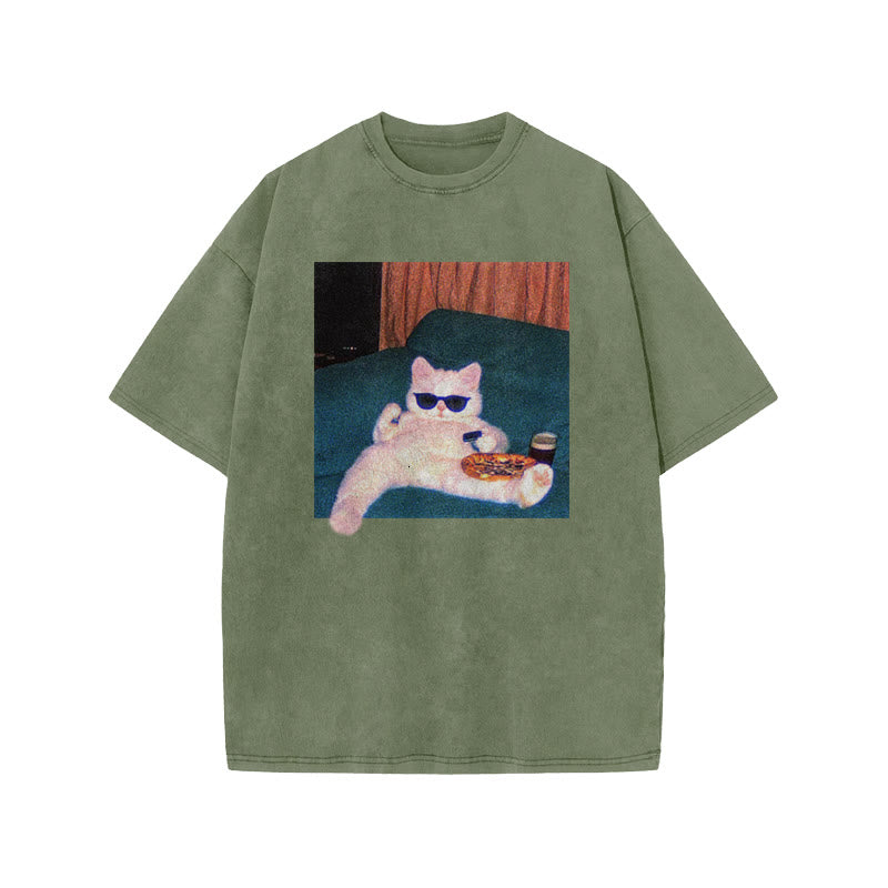Unisex Cool Cat Print Acid Washed T-shirt
