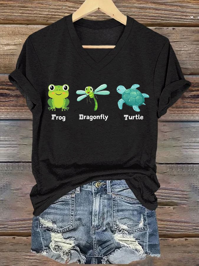 Women's Frog Dragonfly Turtle Printed T-Shirt