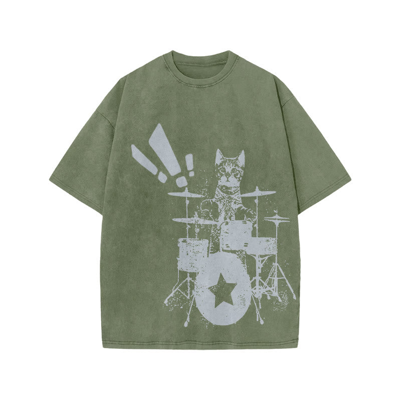 Unisex Cat Playing Drums Print Acid Washed T-shirt