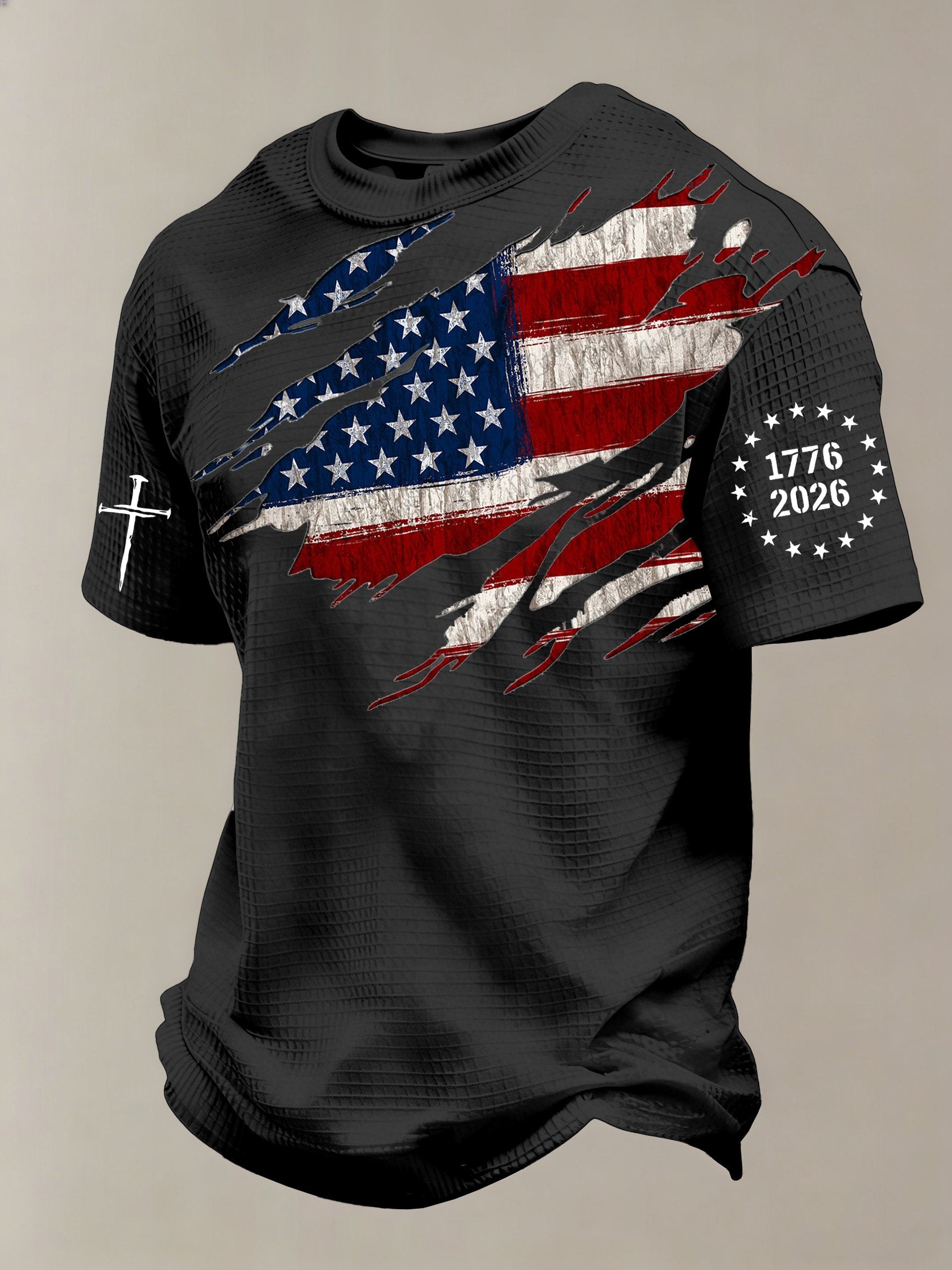 Men'S 250th Anniversary National Flag Print Waffle-Knit Fabric T-Shirt