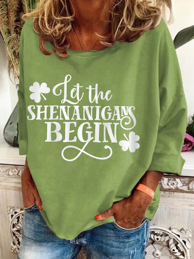 Women's Funny St. Patrick's Day Let The Shenanigans Begin Shamrock Print  Casual Top