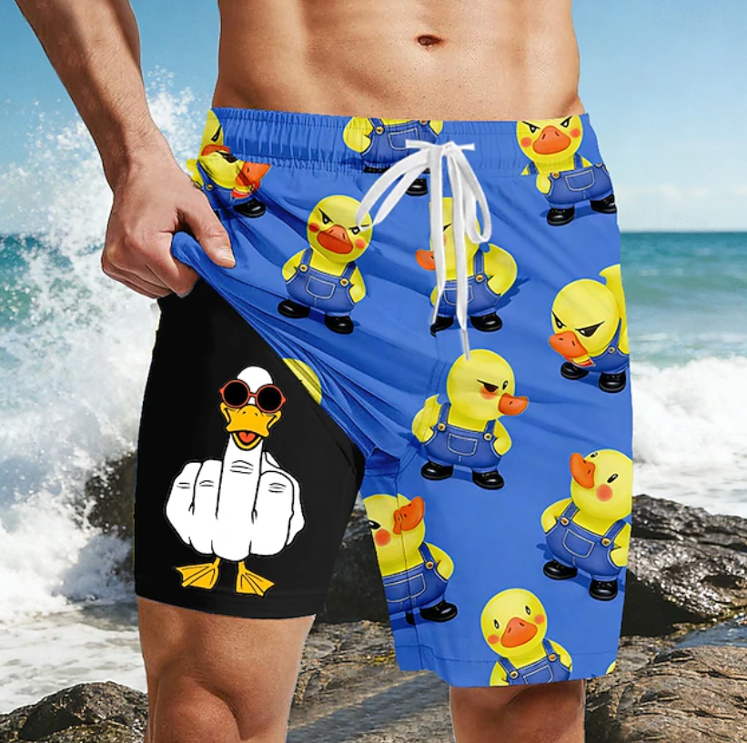 Funny Duck Middle Finger Lined Shorts 2 in 1 Board Shorts Swim Shorts